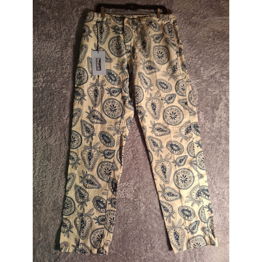 NWT Vilebrequin Linen Pants Paisley Beach Resort Preppy Cream Size L Cute Summer